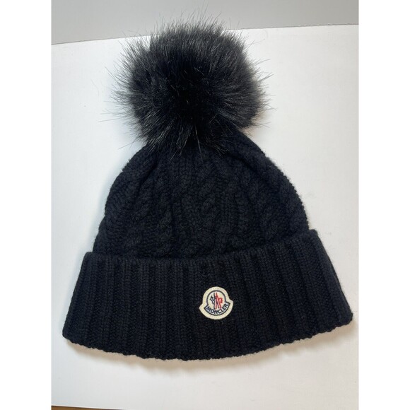 Moncler Wool Cashmere Blend Cable Knit Faux Fur Pom Pom Beanie In Black  New - Picture 1 of 9